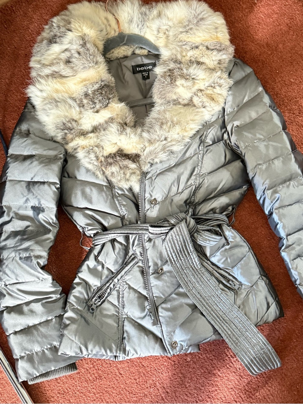 bebe Silver Quilted Belted Puffer with Faux Fur Collar